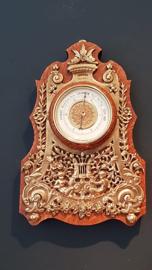 Fine Quality Antique Gilt Brass and Oak Barometer