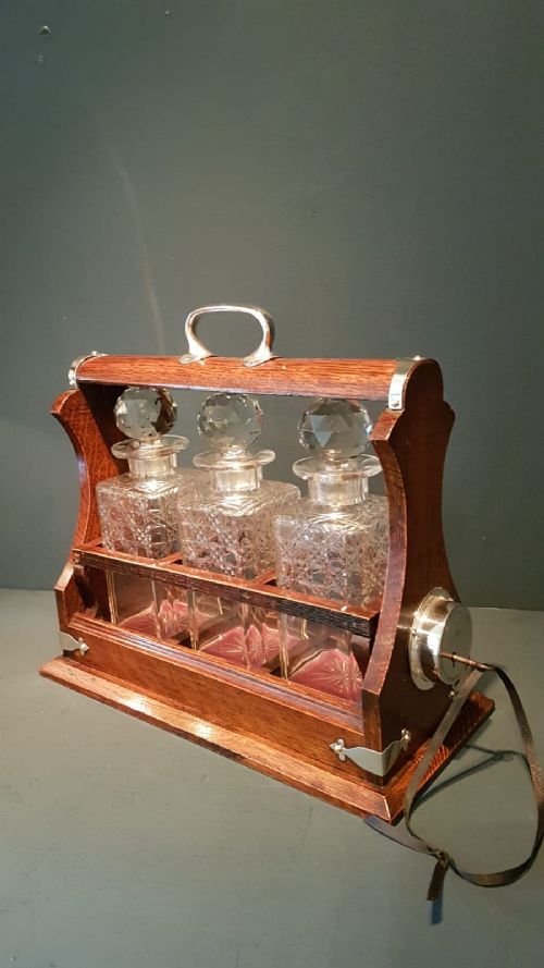 Victorian Oak and Silver Plate Three Bottle Tantalus