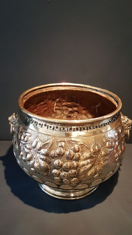 Large Antique Embossed Brass Planter