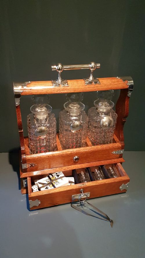 Victorian Oak Tantalus with Games Drawer