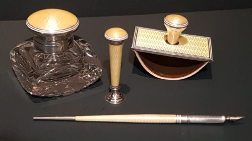 Superb Silver and Enamel Four Piece Pen and Ink Set