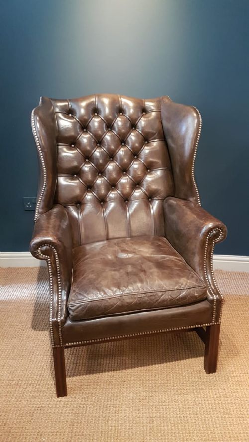 Edwardian Wing Chair with Original Hide Upholstery