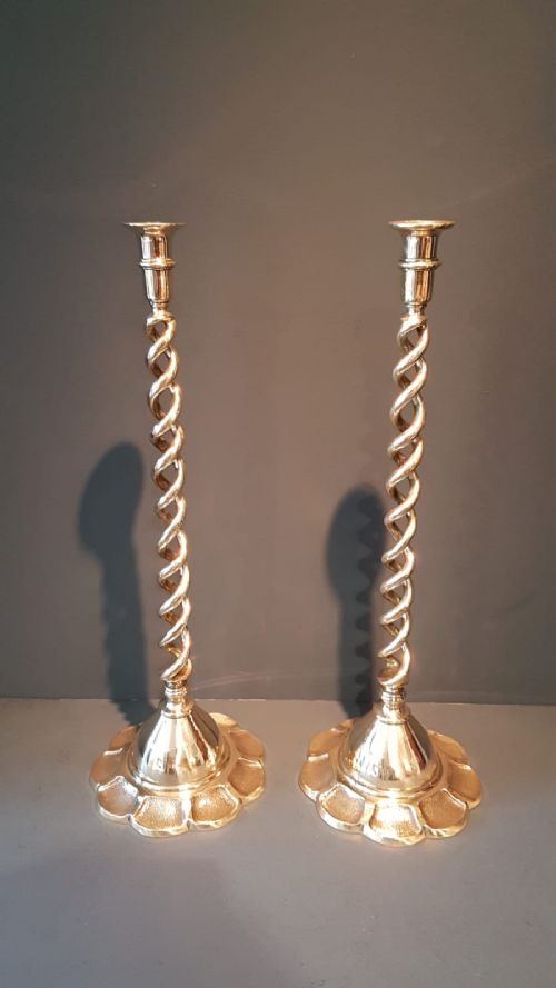 Matching Pair of Antique Tall Barley Twist Candlesticks