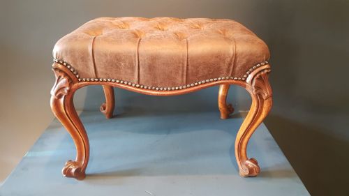 Victorian Walnut & Leather Cabriole Leg Stool