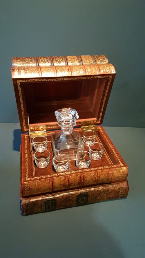 Antique Leather Stack of Books Tantalus Box