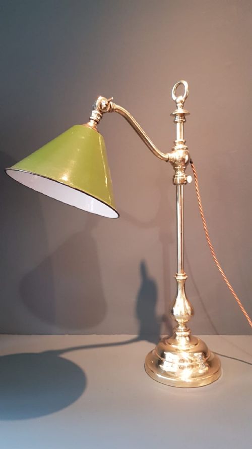 Antique Brass Rise & Fall Lamp & Enamel Shade