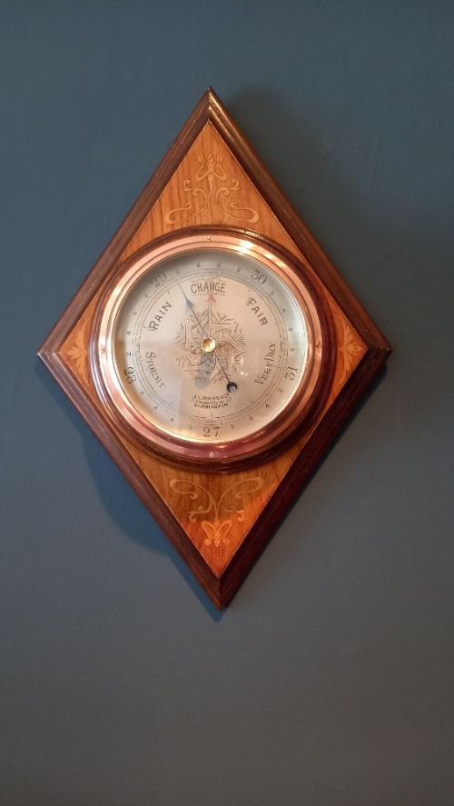 Art Nouveau Fruitwood Inlaid Diamond Shaped Barometer