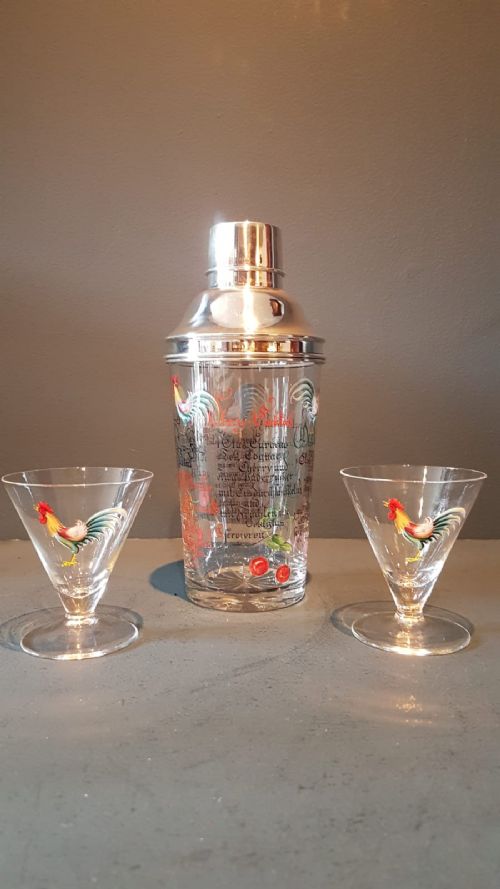 Silver & Enamel Glass Cocktail Shaker and Glasses