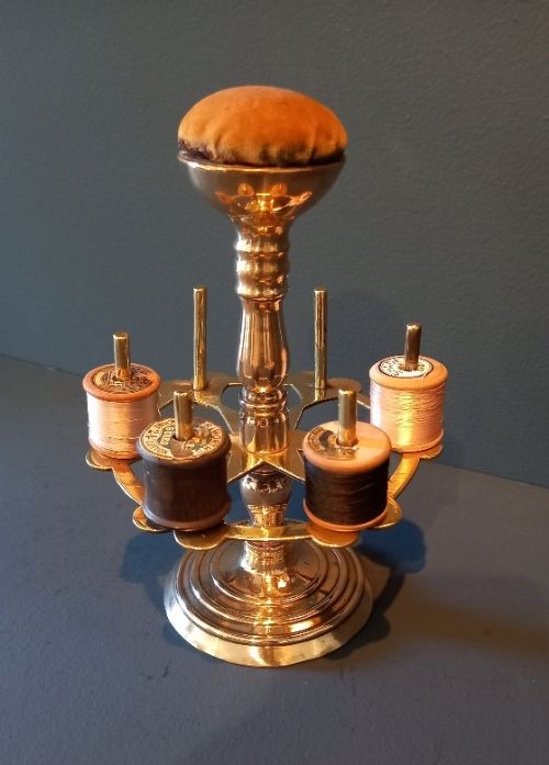 Antique Brass Bobbin Stand & Pin Cushion