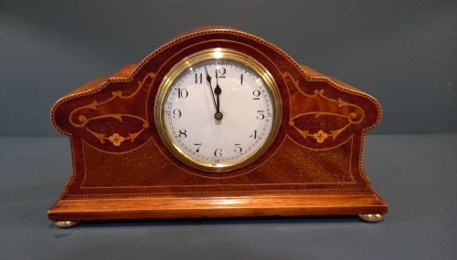 Antique Mahogany & Walnut Inlaid Shaped Mantel Clock