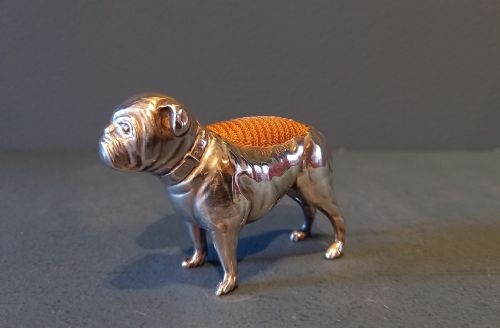 Rare Antique Silver Novelty Bulldog Pin Cushion