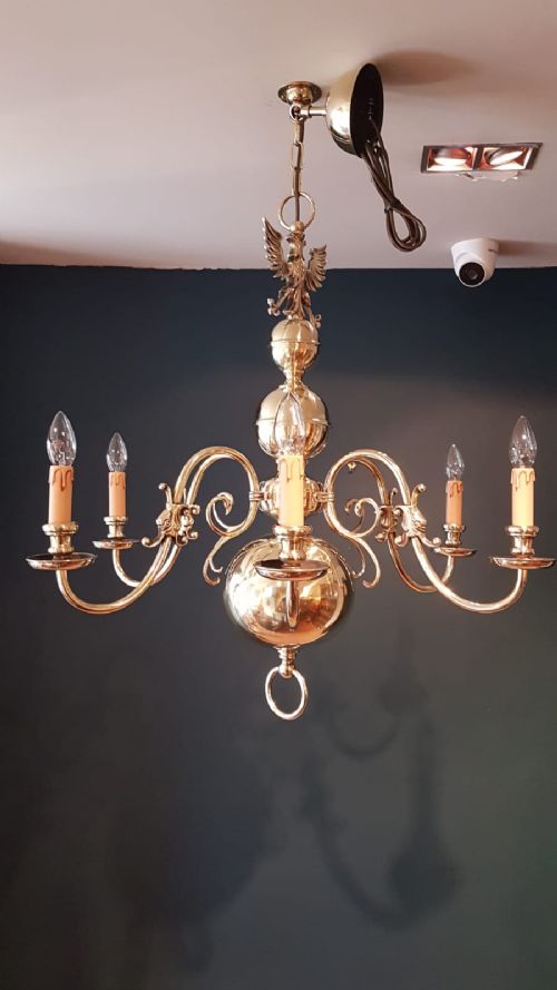 Edwardian Brass Six Arm Chandelier