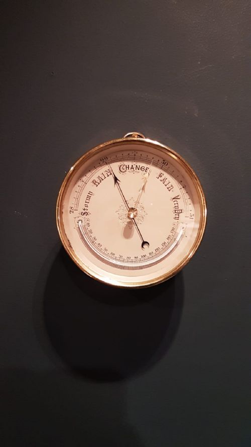 Victorian Brass Cased Marine Barometer with Crescent Thermometer