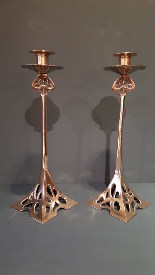 Pair of Solid Brass Art Nouveau Candlesticks