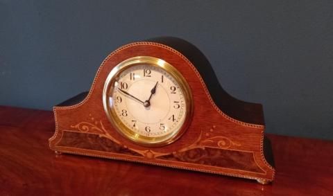 Antique Fruitwood & Burr Walnut Inlaid Mantel Clock