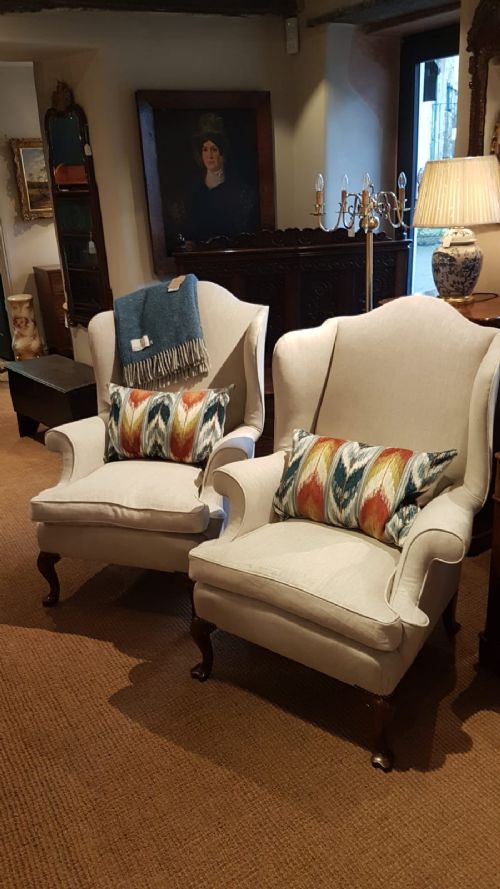 Matching Pair of Edwardian Wing Back Arm Chairs
