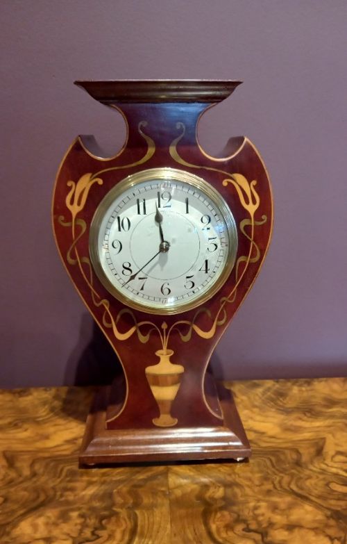 Art Nouveau Urn & Ribbon Inlaid Mantel Clock
