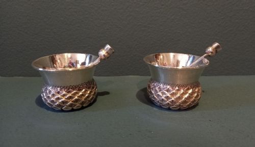 Pair Antique Silver Novelty Thistle Mustards