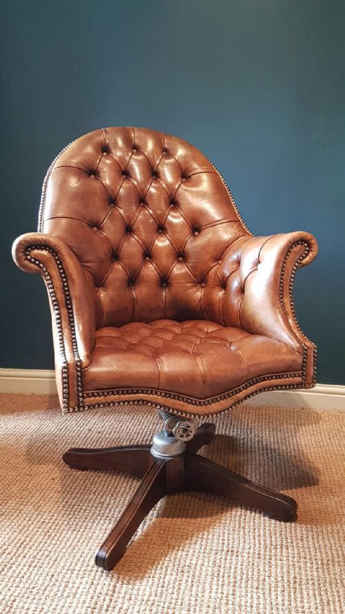 Antique Leather Button Back Revolving Chair