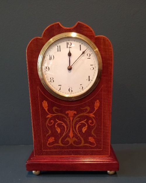 Fine Edwardian Period Fruitwood Inlaid Mantel Clock