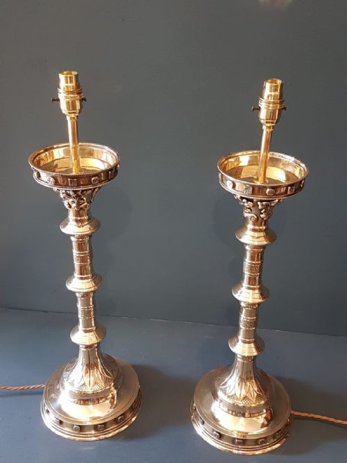 Matching Pair of Victorian Church Candlestick Table Lamps