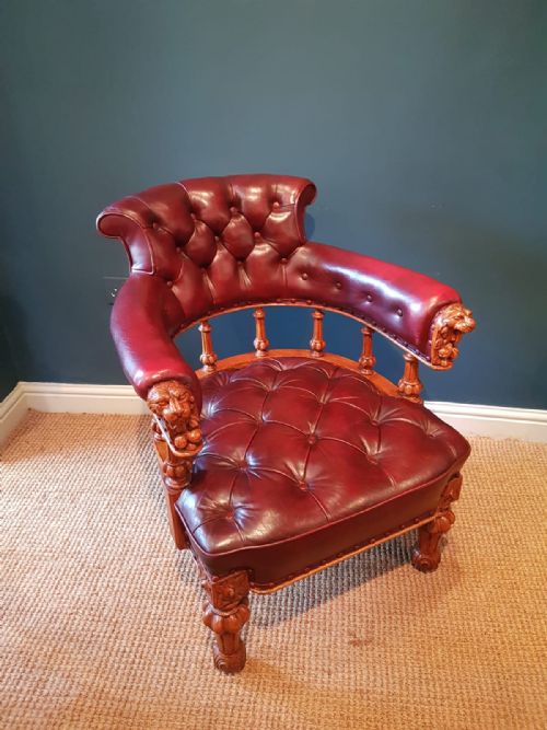 Early Victorian Oak Oxblood Hide Library Chair