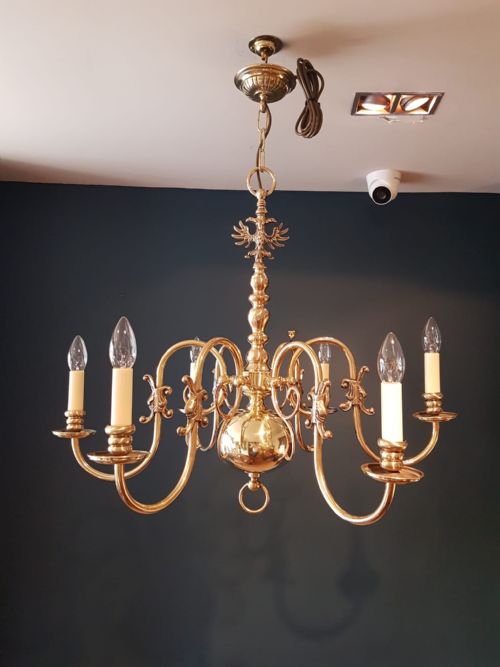 Fully Restored Edwardian Brass Six Arm Chandelier