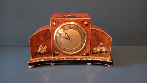 Superb Edwardian Burr Walnut Chinoiserie Mantel Clock