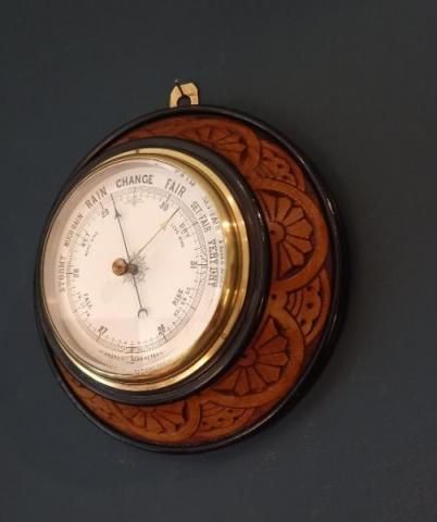 Mid Victorian Carved Oak & Ebony Barometer