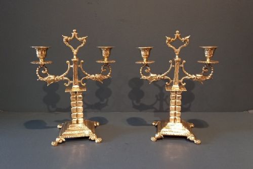 Matching Pair of Victorian Brass Twin Arm Candlesticks