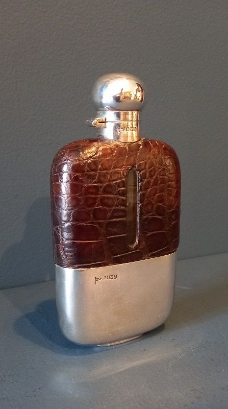 Superb Victorian Silver & Crocodile Skin Hip Flask