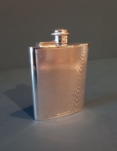 Immaculate Edwardian Silver Engine Turned Hip Flask