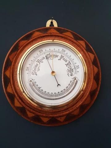 Victorian Oak Aneroid Barometer with Crescent Thermometer