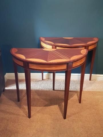 Matching Pair of Edwardian Sheraton Revival Demi Lune Tables