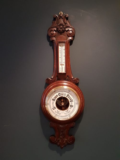 Victorian Carved Oak Banjo Barometer with Skeletonised Movement