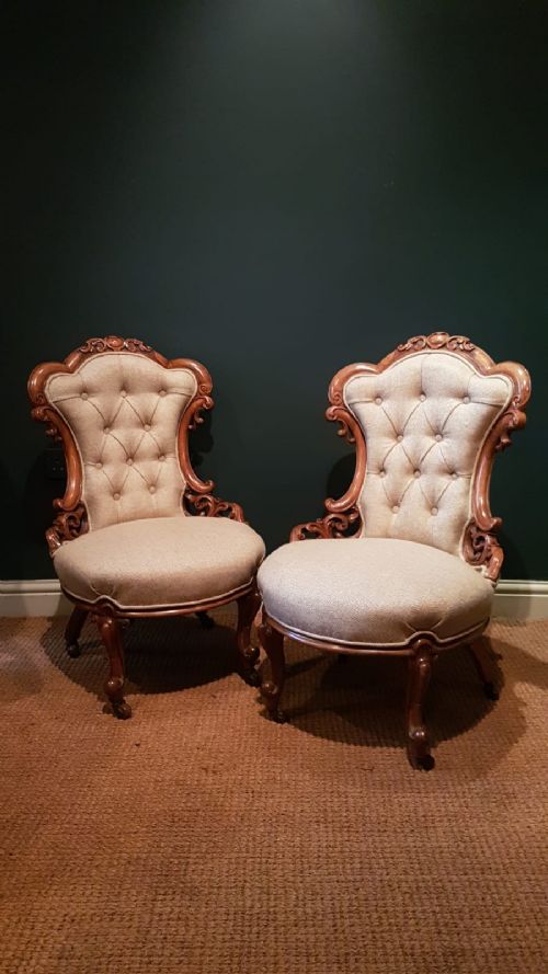 Matching Pair of Victorian Walnut Occasional Chairs