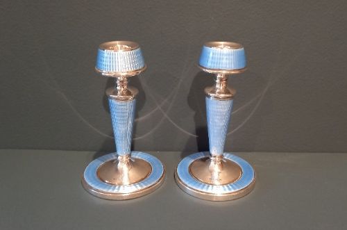 Pair of George V Silver & Pale Blue Enamel Candlesticks