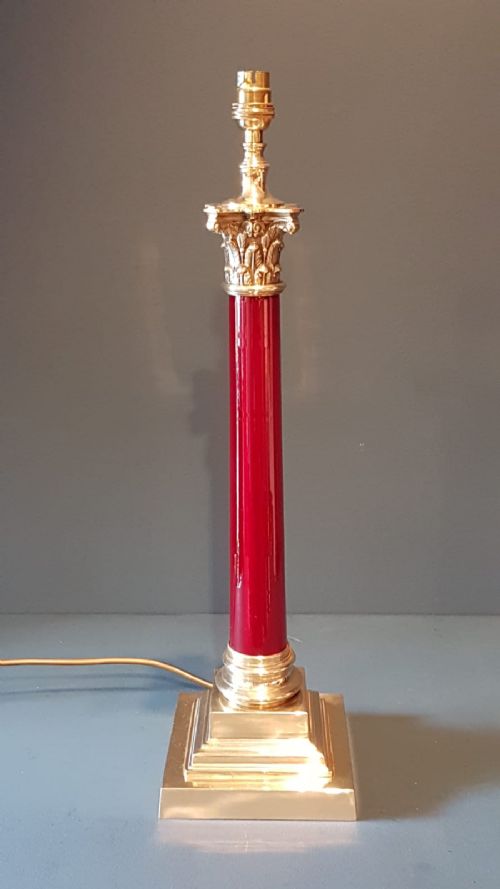 Edwardian Cast Brass & Red Glass Column Lamp