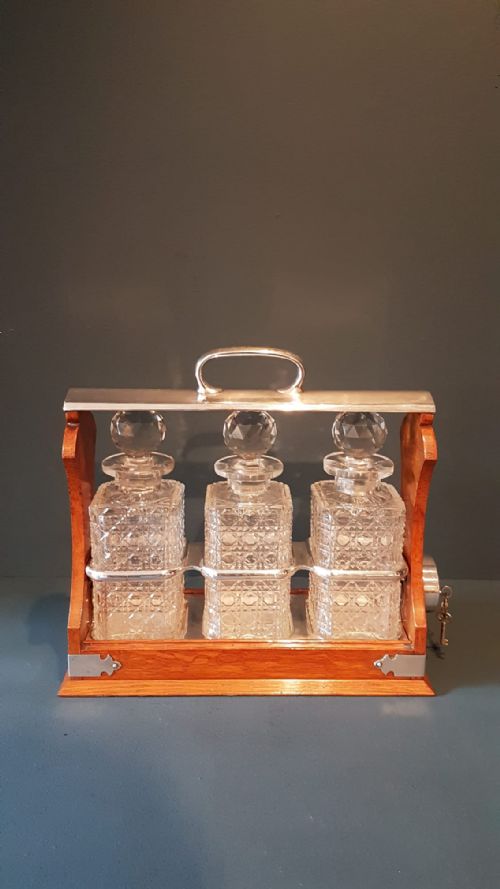 Victorian Oak and Silver Plate Three Bottle Tantalus