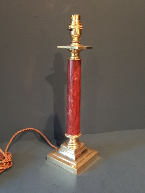 Edwardian Brass & Marble Column Table Lamp