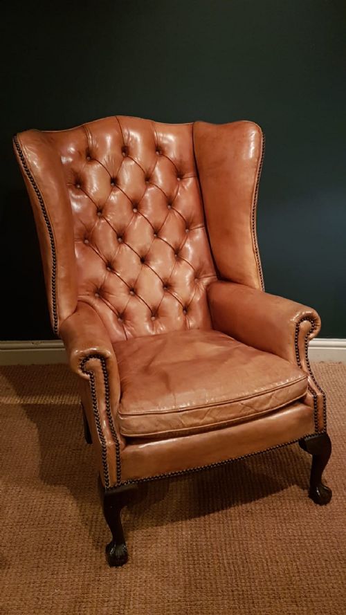Edwardian Tan Leather Wing Back Arm Chair