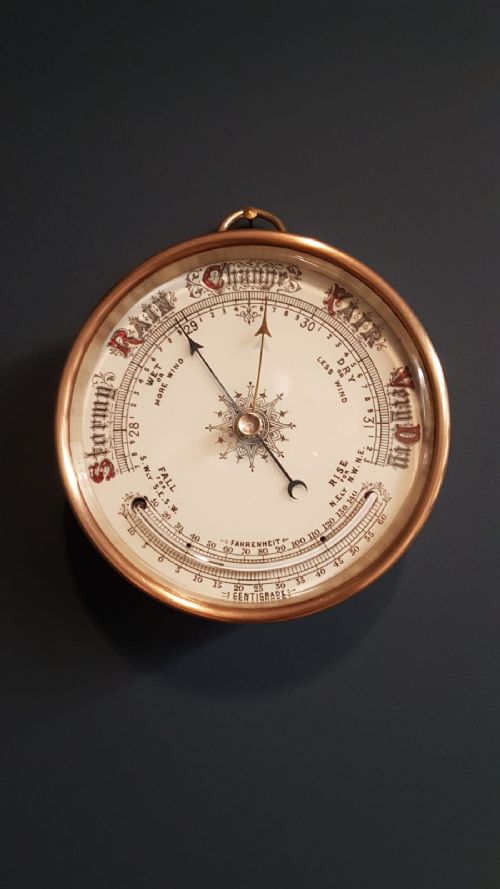 Victorian Brass Cased Marine Barometer with Crescent Thermometer