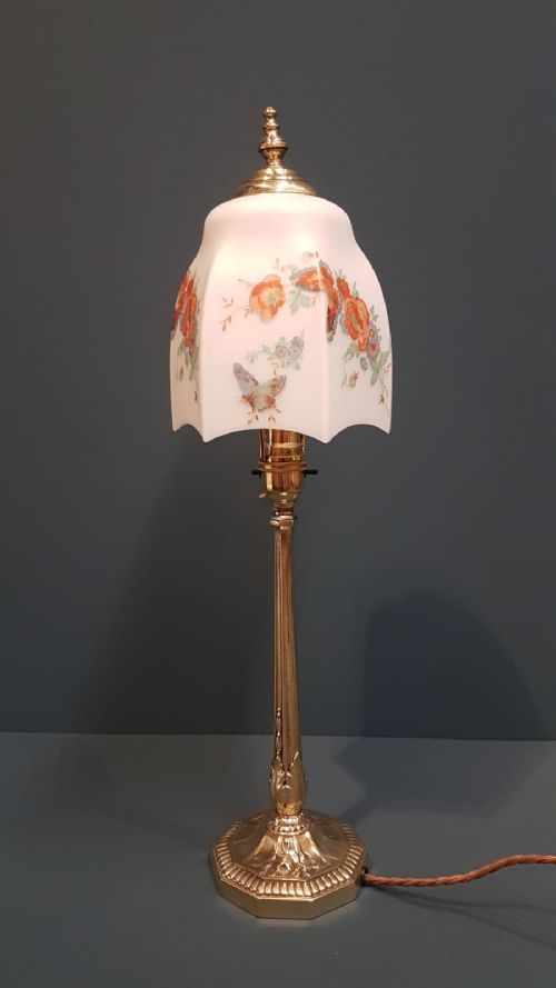 Edwardian Brass Table Lamp and Glass Shade