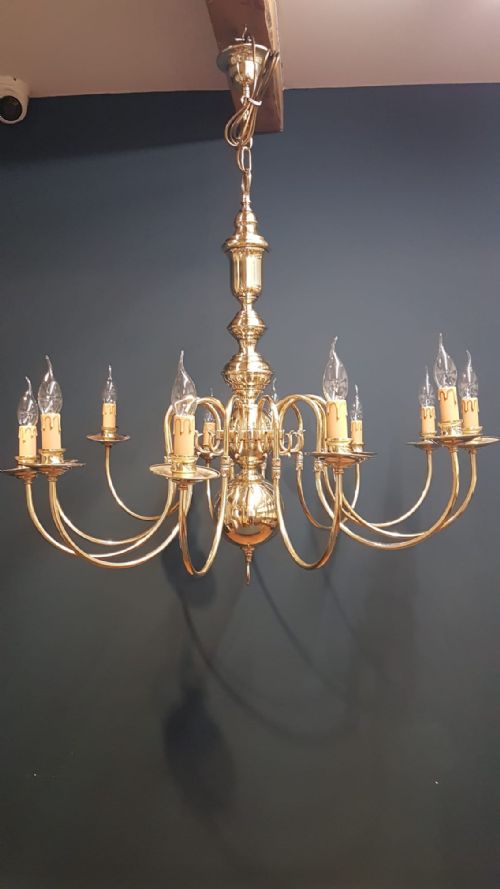 Edwardian 12 Arm Brass Chandelier