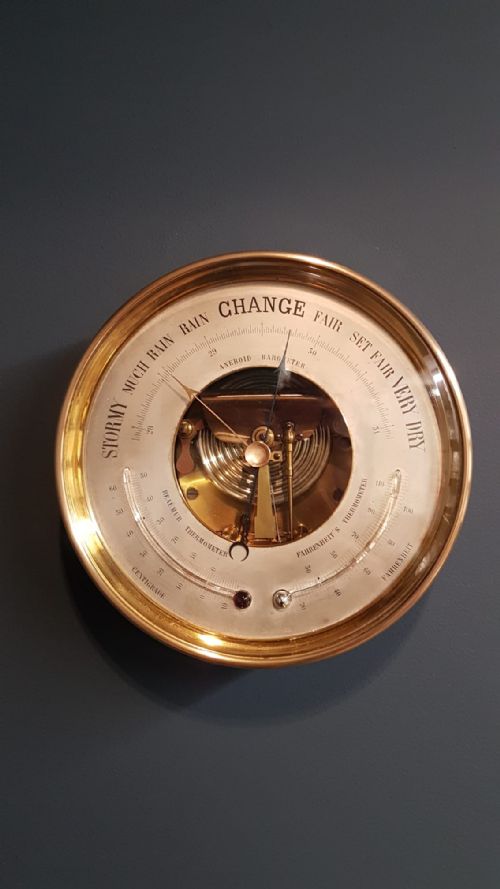 Victorian Brass Cased Marine Barometer with Twin Crescent Thermometers