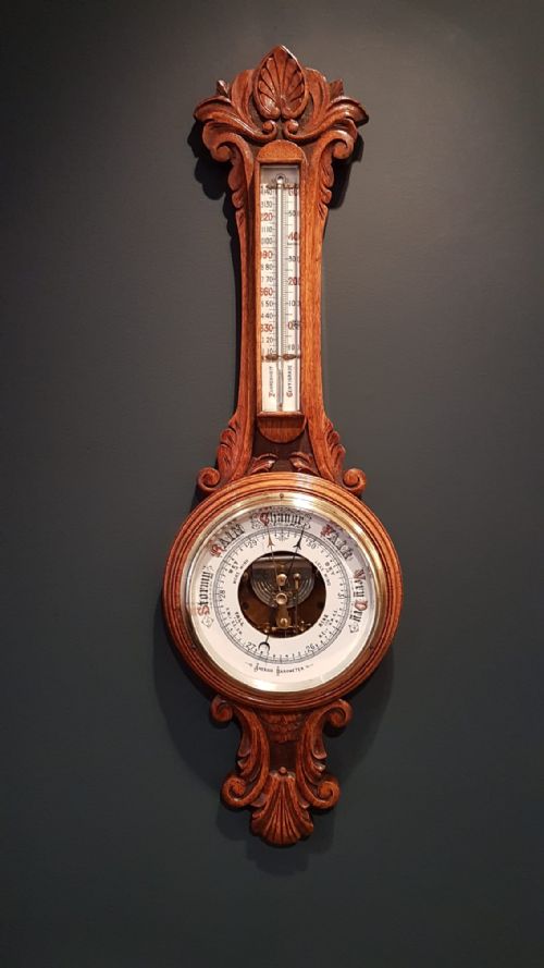 Superb Victorian Carved Oak Banjo Barometer with Skeletonised Movement