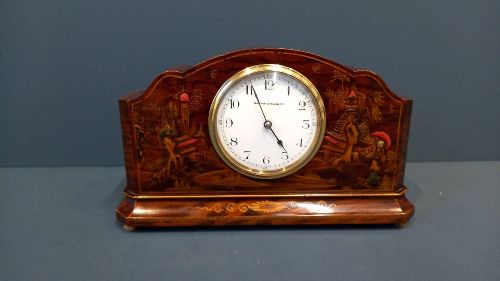 Edwardian Figured Walnut Chinoiserie Mantel Clock