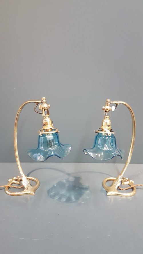 Matching Pair of Art Nouveau Brass Table Lamps and Shades