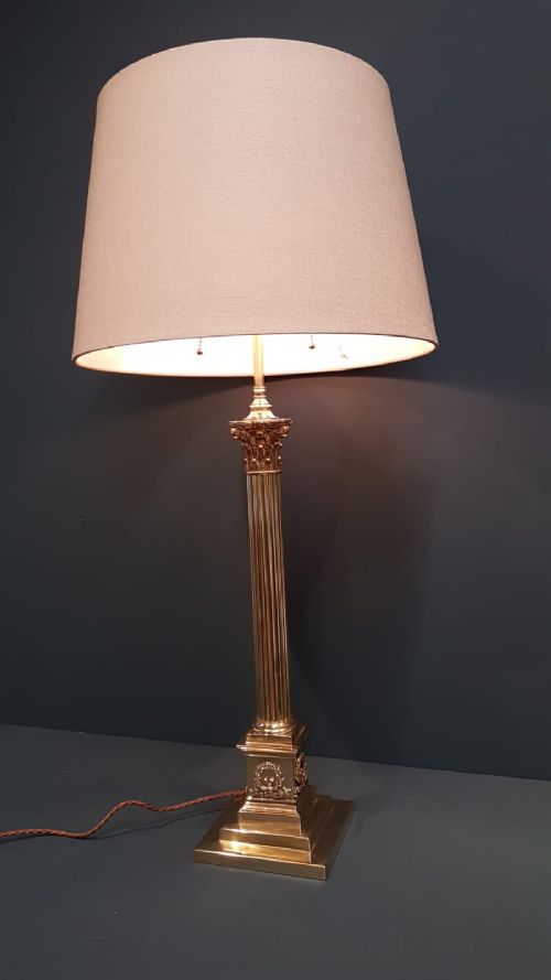 Edwardian Brass Corinthian Column Lamp and Shade