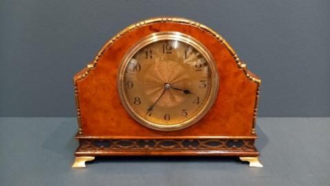 Edwardian Burr Walnut & Gilt Mantel Clock